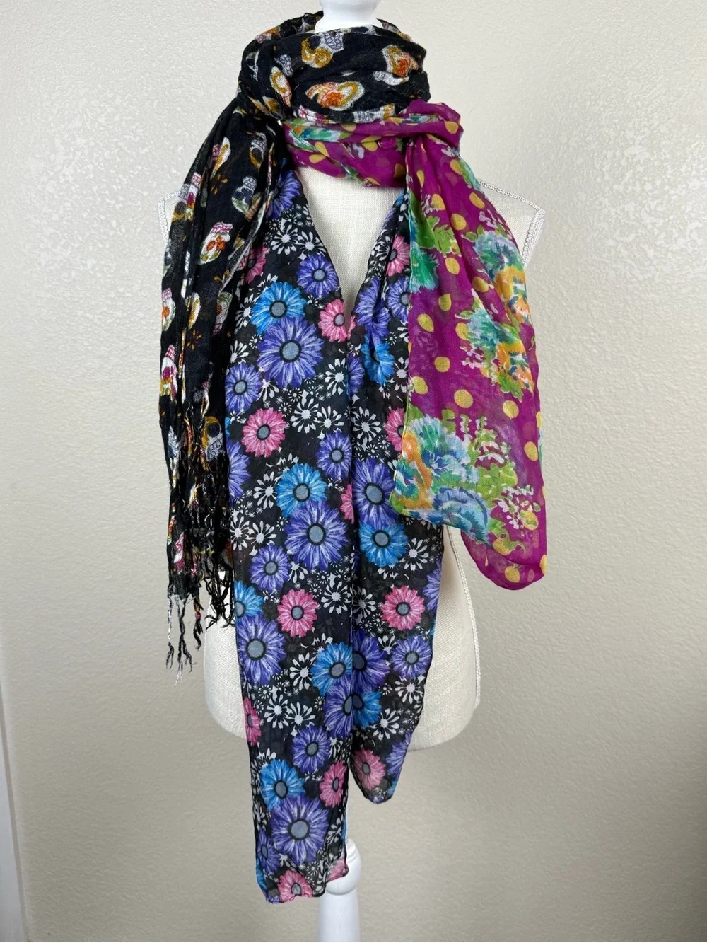 Mixed-Print Lightweight Scarf - Black, Purple, Pink, Magenta
